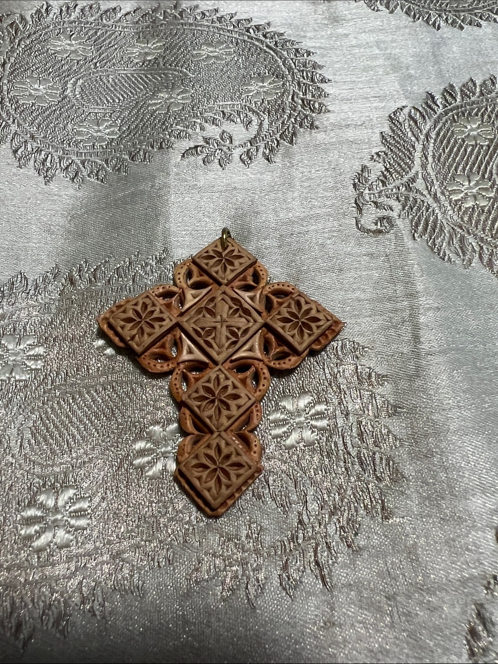 Intricate Carved Wooden Cross Pendant - Light Brown